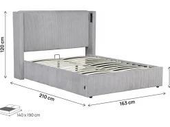Palozi Home Lit double en velours côtelé avec coffre et lampe intégré "Cortina" 140 x 190 cm Gris* Lit Coffre