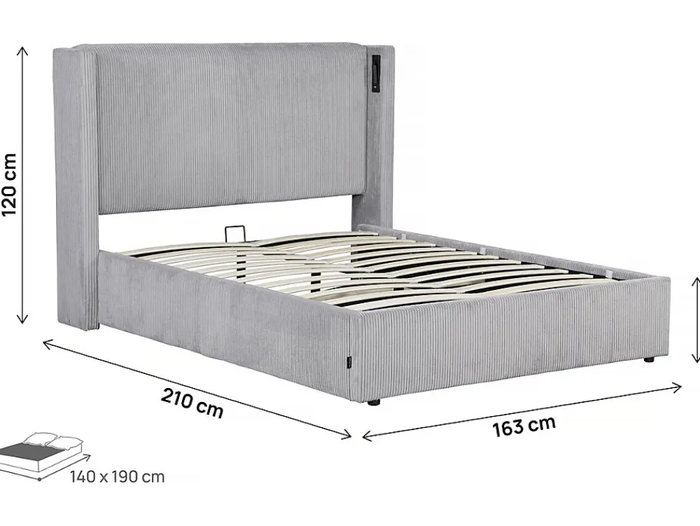 Palozi Home Lit double en velours côtelé avec coffre et lampe intégré "Cortina" 140 x 190 cm Gris* Lit Coffre