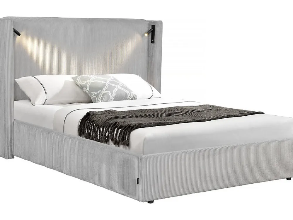 Palozi Home Lit double en velours côtelé avec coffre et lampe intégré "Cortina" 140 x 190 cm Gris* Lit Coffre