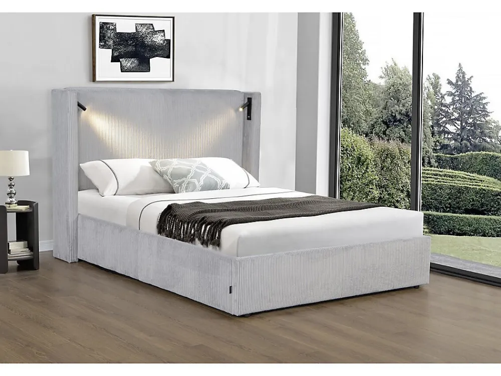 Lit double en velours côtelé avec coffre et lampe intégré "Cortina" 160 x 200 cm Gris>Palozi Home Clearance