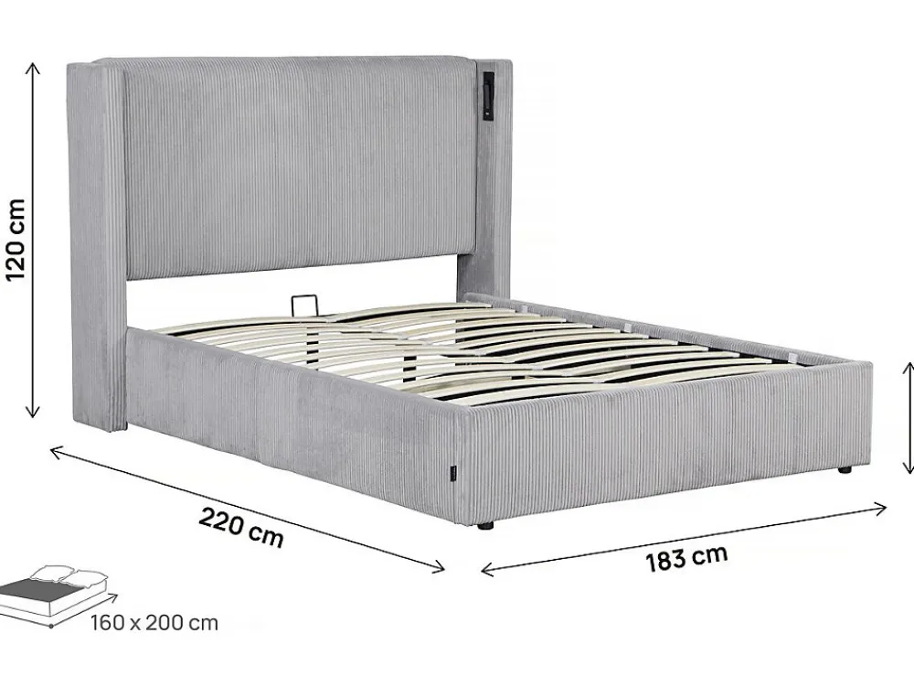 Lit double en velours côtelé avec coffre et lampe intégré "Cortina" 160 x 200 cm Gris>Palozi Home Clearance