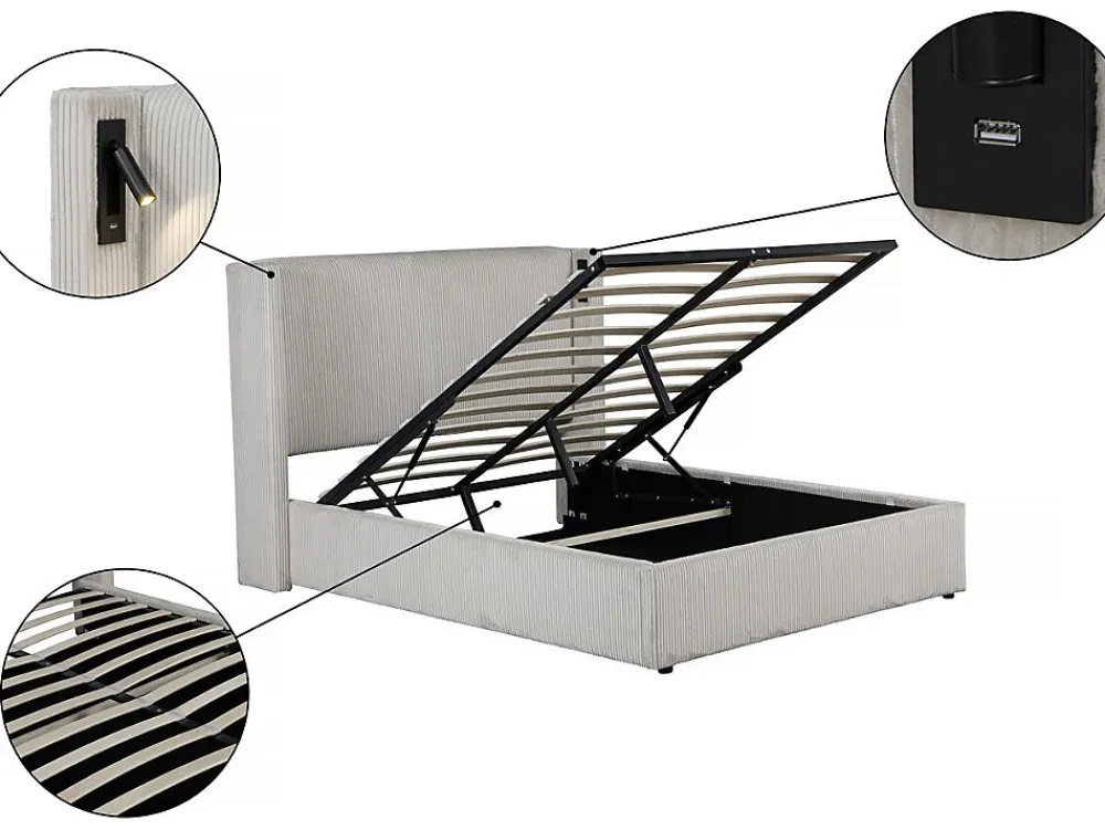 Palozi Home Lit double en velours côtelé avec coffre et lampe intégré "Cortina" 160 x 200 cm Beige* Lit Coffre