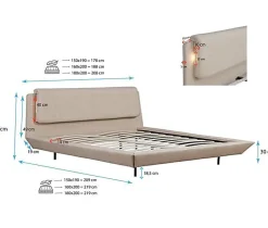 Design Ameublement Lit double flottant - Cadre bois recouvert lin beige - LED intégrée, ports USB - 2 places - 160x200 cm* Ensemble Sommier Et Matelas