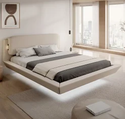 Design Ameublement Lit double flottant - Cadre bois recouvert lin beige - LED intégrée, ports USB - 2 places - 160x200 cm* Ensemble Sommier Et Matelas