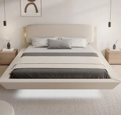 Design Ameublement Lit double flottant - Cadre bois recouvert lin beige - LED intégrée, ports USB - 2 places - 160x200 cm* Ensemble Sommier Et Matelas
