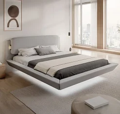 Lit double flottant tapissé - Lin gris - LED intégrée & ports USB - Sommier à lattes - 2 places 150x190 cm>Design Ameublement Sale