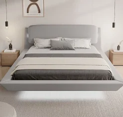 Lit double flottant tapissé - Lin gris - LED intégrée & ports USB - Sommier à lattes - 2 places 150x190 cm>Design Ameublement Sale