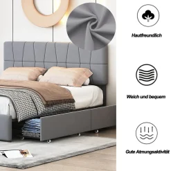 Lit double gris 160 x 200 cm, velours, cadre de lit avec 4 tiroirs, sans matelas>ProximaX Hot