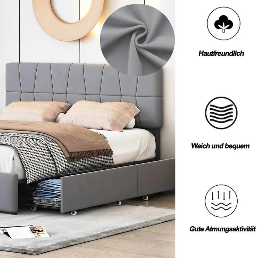 Lit double gris 160 x 200 cm, velours, cadre de lit avec 4 tiroirs, sans matelas>ProximaX Hot