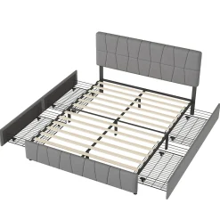 Lit double gris 160 x 200 cm, velours, cadre de lit avec 4 tiroirs, sans matelas><noscript><img width=