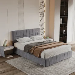 Lit double gris 160 x 200 cm, velours, cadre de lit avec 4 tiroirs, sans matelas><noscript><img width=