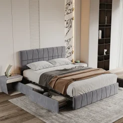 Lit double gris 160 x 200 cm, velours, cadre de lit avec 4 tiroirs, sans matelas><noscript><img width=