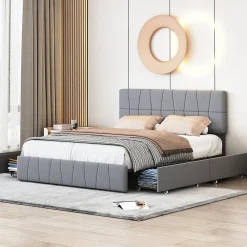 Lit double gris 160 x 200 cm, velours, cadre de lit avec 4 tiroirs, sans matelas><noscript><img width=