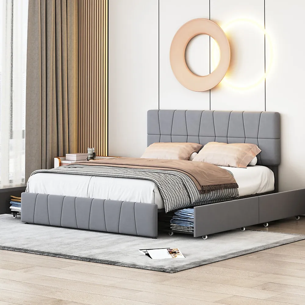 Lit double gris 160 x 200 cm, velours, cadre de lit avec 4 tiroirs, sans matelas>ProximaX Hot