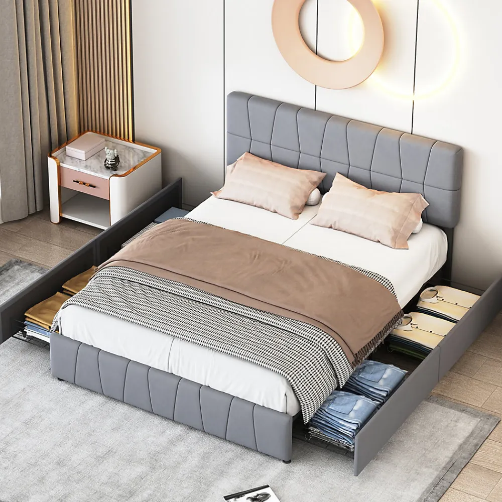 Lit double gris 160 x 200 cm, velours, cadre de lit avec 4 tiroirs, sans matelas>ProximaX Hot