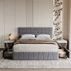 Lit double gris 160 x 200 cm, velours, cadre de lit avec 4 tiroirs, sans matelas><noscript><img width=