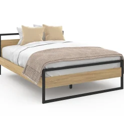 Lit double industriel DETROIT avec tête de lit et sommier 140 x 190 cm bois et métal noir>IDMarket Discount