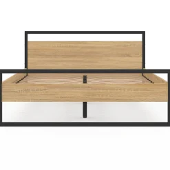Lit double industriel DETROIT avec tête de lit et sommier 140 x 190 cm bois et métal noir><noscript><img width=