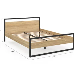 Lit double industriel DETROIT avec tête de lit et sommier 140 x 190 cm bois et métal noir><noscript><img width=