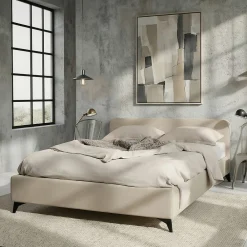 Lit double LEVERDA 140 x 190 cm, revêtement en tissu - Blanc><noscript><img width=