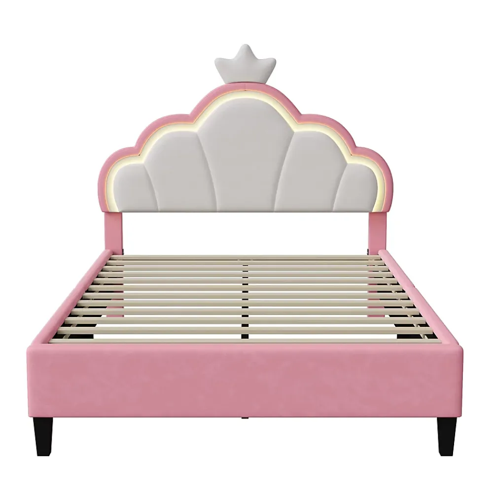 Simple Life Lit double Lit adulte 140 x 200 cm avec bande lumineuse LED, en cuir PU, rose* Lit Coffre