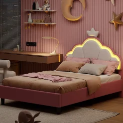 Simple Life Lit double Lit adulte 140 x 200 cm avec bande lumineuse LED, en cuir PU, rose* Lit Coffre