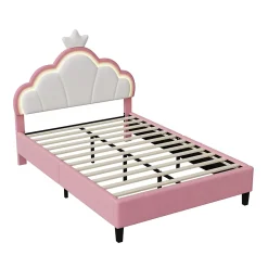 Simple Life Lit double Lit adulte 140 x 200 cm avec bande lumineuse LED, en cuir PU, rose* Lit Coffre