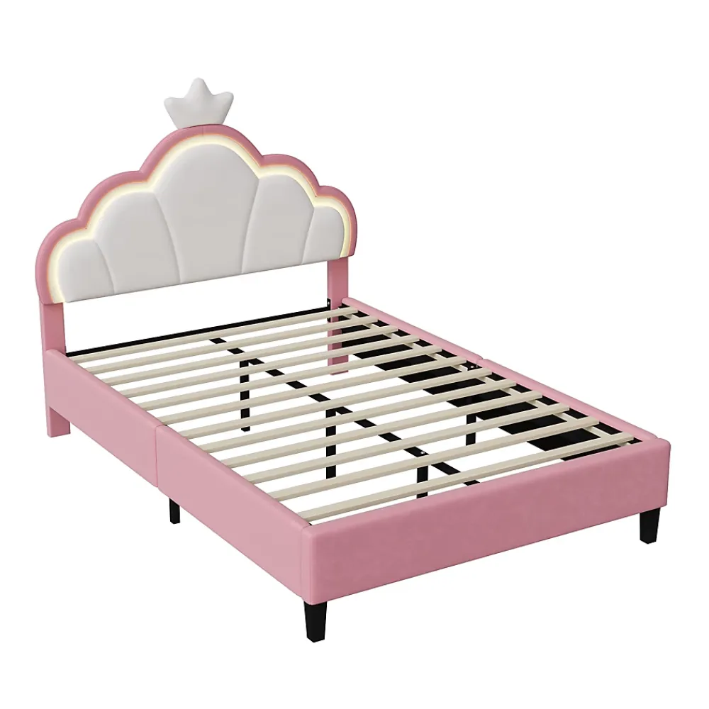 Simple Life Lit double Lit adulte 140 x 200 cm avec bande lumineuse LED, en cuir PU, rose* Lit Coffre