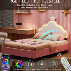 Simple Life Lit double Lit adulte 140 x 200 cm avec bande lumineuse LED, en cuir PU, rose* Lit Coffre