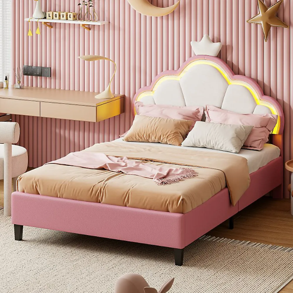 Simple Life Lit double Lit adulte 140 x 200 cm avec bande lumineuse LED, en cuir PU, rose* Lit Coffre