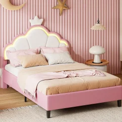 Simple Life Lit double Lit adulte 90 x 200 cm avec bande lumineuse LED, en cuir PU, rose* Lit Coffre