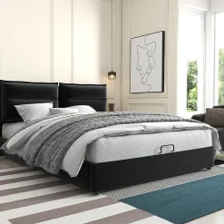 Lit double lit rembourré hydraulique 140x200cm, lit de rangement avec sommier à lattes métalliques, velours, noir,sans matelas>Gutent Hot
