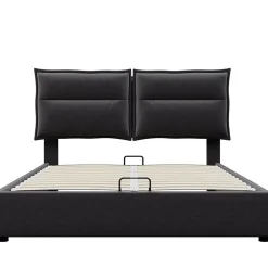 Lit double lit rembourré hydraulique 140x200cm, lit de rangement avec sommier à lattes métalliques, velours, noir,sans matelas><noscript><img width=