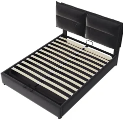 Lit double lit rembourré hydraulique 140x200cm, lit de rangement avec sommier à lattes métalliques, velours, noir,sans matelas><noscript><img width=