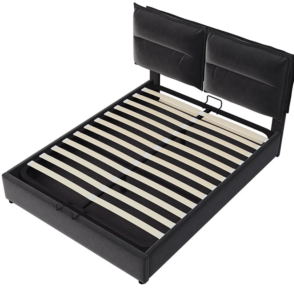 Lit double lit rembourré hydraulique 140x200cm, lit de rangement avec sommier à lattes métalliques, velours, noir,sans matelas>Gutent Hot