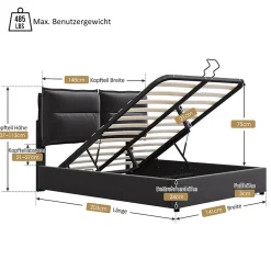 Lit double lit rembourré hydraulique 140x200cm, lit de rangement avec sommier à lattes métalliques, velours, noir,sans matelas><noscript><img width=