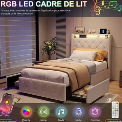 ProximaX Lit double, lit rembourré 90x200 cm en velours avec tiroirs, tête de lit avec USB & USB-C et LED multicolore, Beige* Lit Coffre