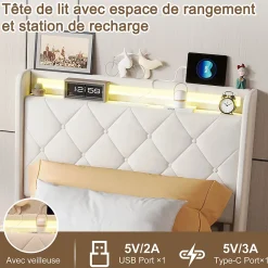 ProximaX Lit double, lit rembourré 90x200 cm en velours avec tiroirs, tête de lit avec USB & USB-C et LED multicolore, Beige* Lit Coffre