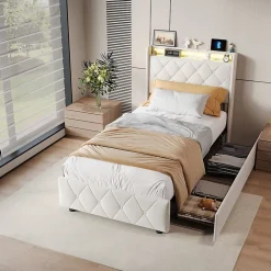 ProximaX Lit double, lit rembourré 90x200 cm en velours avec tiroirs, tête de lit avec USB & USB-C et LED multicolore, Beige* Lit Coffre