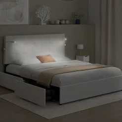 IDMarket Lit double MAEL 140 x 190 cm avec tête de lit capitonnée PVC blanc liseuses intégrées et sommier et 2 tiroirs sur roulettes* Lit Avec Rangement
