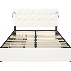 IDMarket Lit double MAEL 140 x 190 cm avec tête de lit capitonnée PVC blanc liseuses intégrées et sommier et 2 tiroirs sur roulettes* Lit Avec Rangement