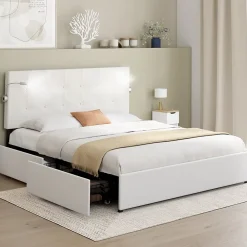 IDMarket Lit double MAEL 140 x 190 cm avec tête de lit capitonnée PVC blanc liseuses intégrées et sommier et 2 tiroirs sur roulettes* Lit Avec Rangement