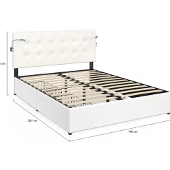 IDMarket Lit double MAEL 140 x 190 cm avec tête de lit capitonnée PVC blanc liseuses intégrées et sommier et 2 tiroirs sur roulettes* Lit Avec Rangement