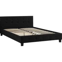 Lit double MATHIEU, 140 x 190 cm, capitonné avec sommier, revêtement en tissu noir><noscript><img width=