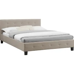 Lit double MATHIEU, 140 x 190 cm, capitonné avec sommier, revêtement en tissu beige>Idimex