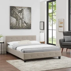 Lit double MATHIEU, 140 x 190 cm, capitonné avec sommier, revêtement en tissu beige>Idimex