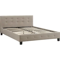 Lit double MATHIEU, 140 x 190 cm, capitonné avec sommier, revêtement en tissu beige><noscript><img width=