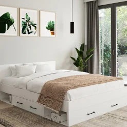 Lit double MINEA avec tiroirs + niches de rangement + tête de lit et sommier 140 x 190 cm blanc>IDMarket Online