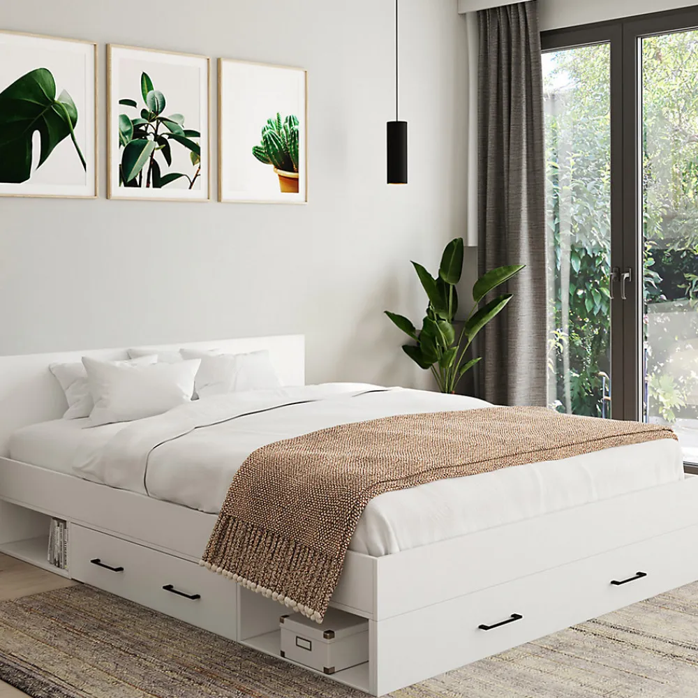 Lit double MINEA avec tiroirs + niches de rangement + tête de lit et sommier 140 x 190 cm blanc>IDMarket Online