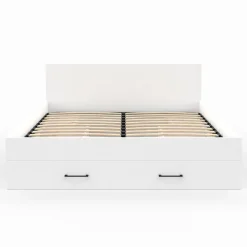 Lit double MINEA avec tiroirs + niches de rangement + tête de lit et sommier 140 x 190 cm blanc><noscript><img width=